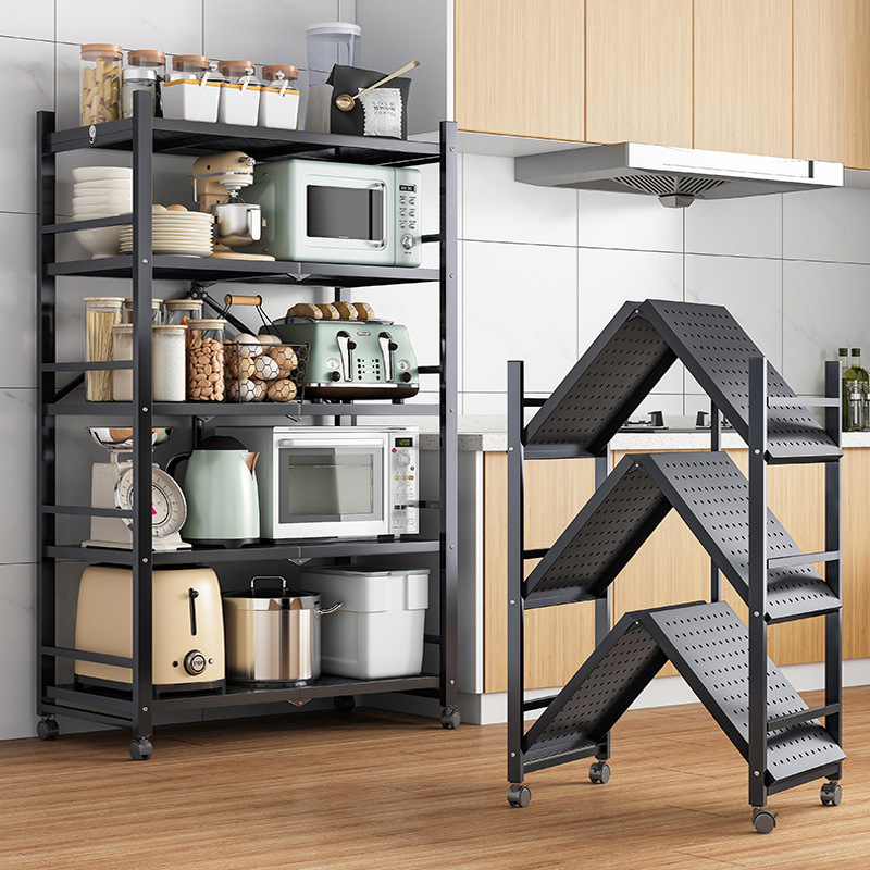 Libre de instalación de cocina plegable estante de almacenamiento piso de múltiples capas estante de almacenamiento doméstico horno de microondas estante de almacenamiento Push-Pull rack de almacenamiento