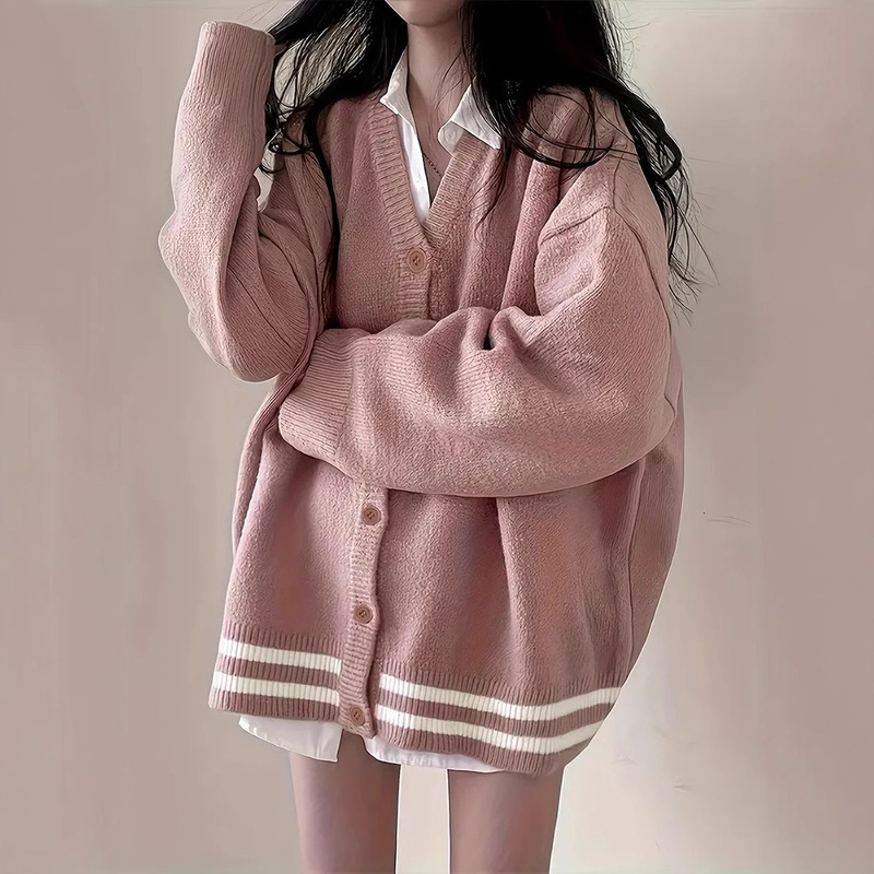 South Korea Ins Style Lazy Loose Large Sweater Coat Couple's Best Friend Long Sleeve Knitted Cardigan Women's V-Neck 6 Color
