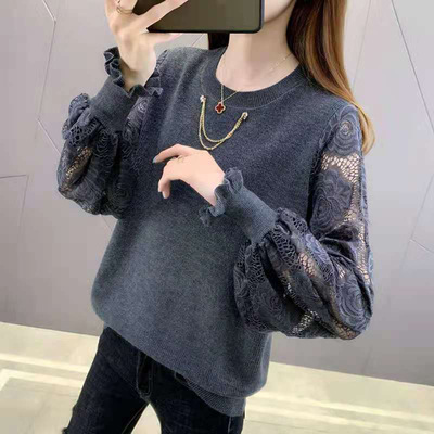 2021新款蕾絲拼接紗袖針織衫女秋裝木耳邊圓領套頭毛衣寬松打底衫