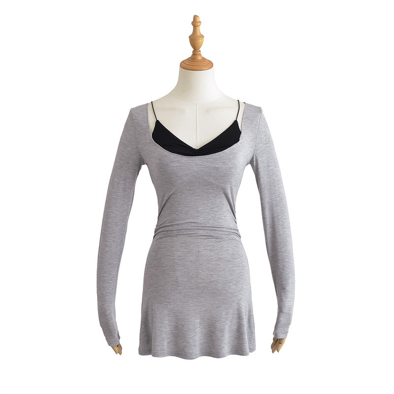 Pure Desire Sexy Inner Bra Pleated Waist Slim Big Round Neck Mid-Length Mask Long Sleeve T-Shirt Bottoming Top Pure Desire Sexy Inner Bra Pleated Waist Slim Big Round Neck Mid-Length Mask Long Sleeve T-Shirt Bottoming Top