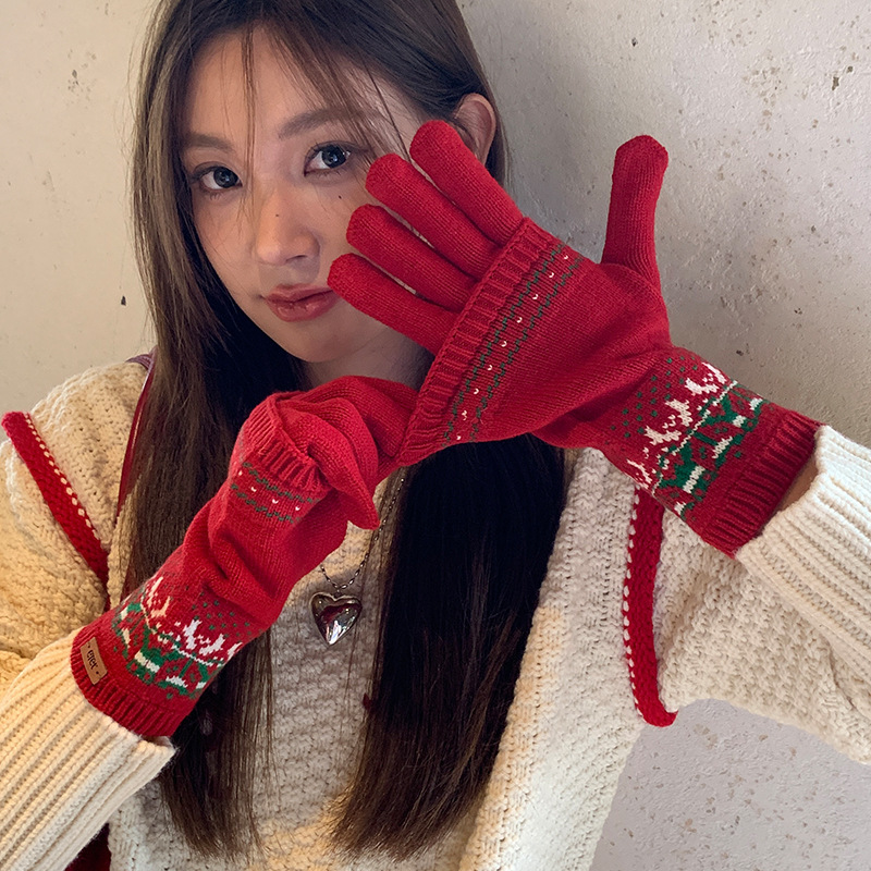 クリスマスの赤い取り外し可能な2つのジャカードのニットの毛糸の手袋の女性の秋冬の防寒の保温の騎乗はタッチパネルができます。|undefined
