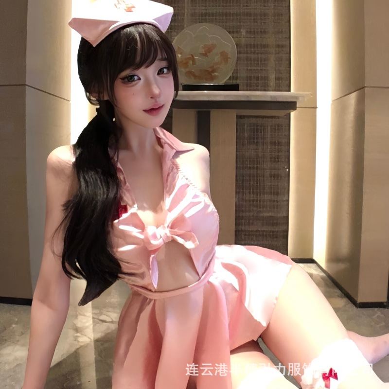 Half-Sweet Gravity Sexy Bow Deep V Nurse Uniform Pure Desire Jk Temptation Suit Lapel Flirting Pajamas 9281
