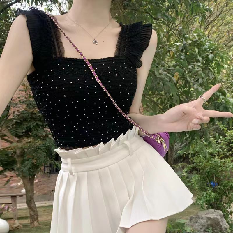 New French style square collar lace wide shoulder camisole small flying sleeve summer pure want to wear outside slim fit hot girl wrapped chest