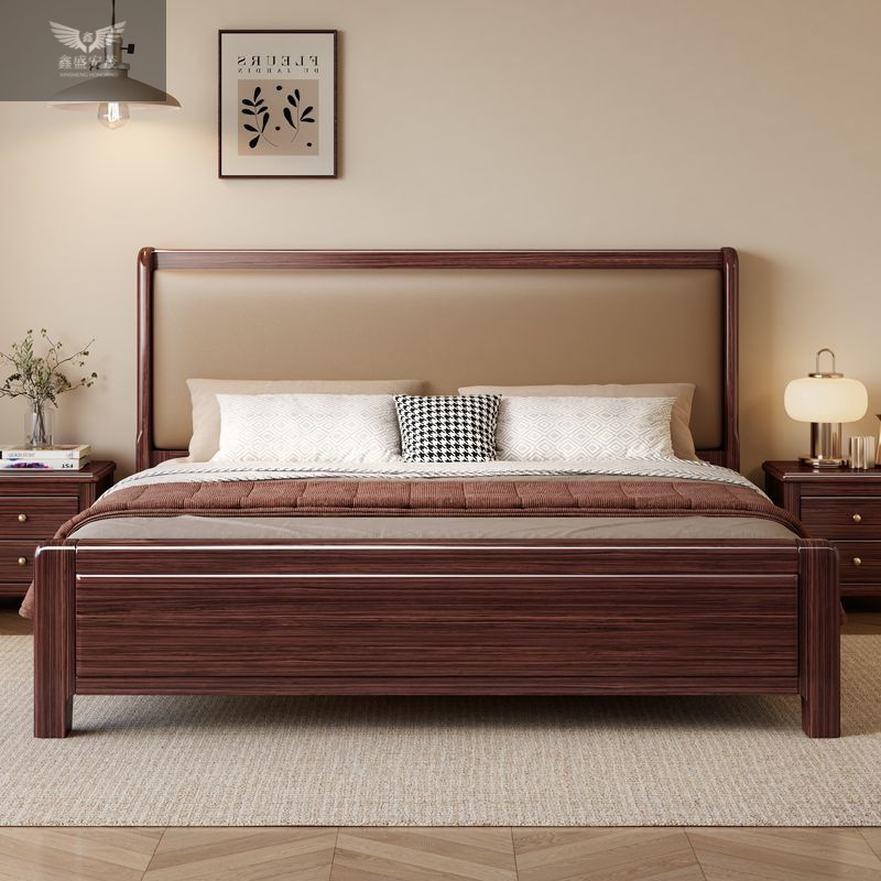 Nuevo estilo chino madera maciza dorada cama de nuez cama principal doble 1.8 × 2m 1.5m cama de matrimonio blanda moderna