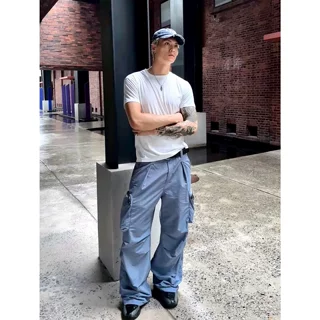 痞帅休闲长裤子美式大口袋机能风夏季廓形宽松直筒褶皱工装裤男款