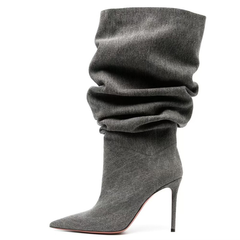 European and American Foreign Trade Cross-Border Denim Style Fashion Pointed Toe Stiletto Heels Comfortable Denim Boots