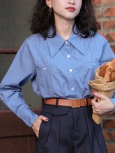 丹麦女孩 小个子150塔克褶尖领蓝色衬衫通勤复古盐系高级感