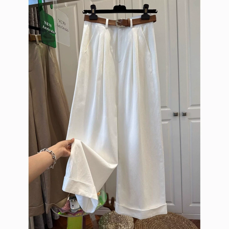 2025 новые модные укороченные летние свободные брюки с высокой талией, прямые широкие белые брюки с закатанными штанинами