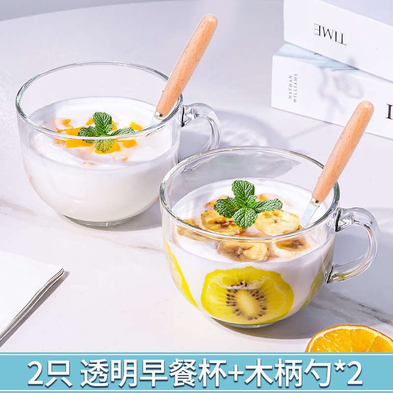 2 transparent breakfast cups + 2 wooden handle spoons