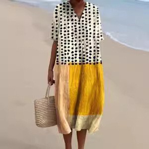 New Plus-Size Women's Shirt Solid Color Pocket Short-Sleeve Dress with Polka Dot Faux Wind Dress