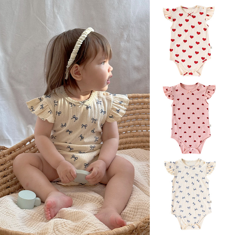 Baby's Fat-wrapping Clothes Summer Pure Cotton Class A Newborn Clothes for Boys and Girls Baby Lace Sleeve Round Neck Hassel Climbing Clothes