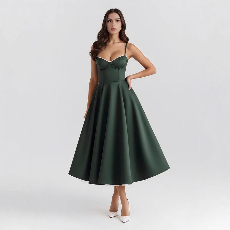 2026 Spring European and American Cross-Border Forest Green High-End Heavy-Duty French-Style Fishbone Waist-Cinching Spaghetti Strap Sexy Mid-Length Puffy Dress