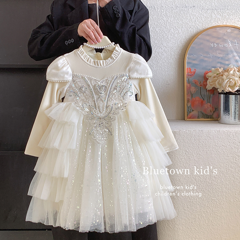 Girls' Winter Dress, Accessible Luxury, Classy Birthday Party Performance, Flower Girl's Sleeves, Thickeneded Skirt, Velvet Fluffy Princess Dress