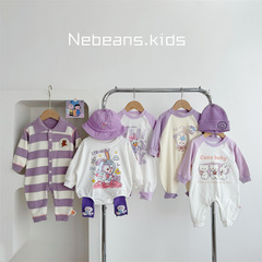 紫色大家族！A棉柔軟寶寶連身衣外出服 卡通紫色春秋款嬰幼兒哈衣