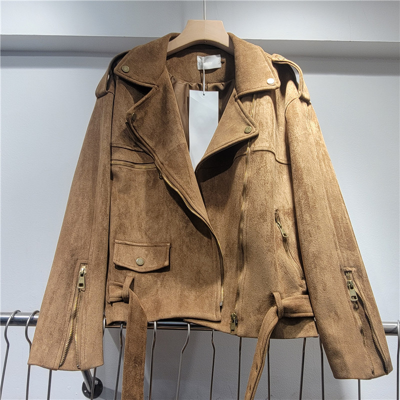 Chaqueta de Gamuza con Cremallera para Mujer, Piel de Imitación, Cuello de Traje, Suelto, Manga Larga