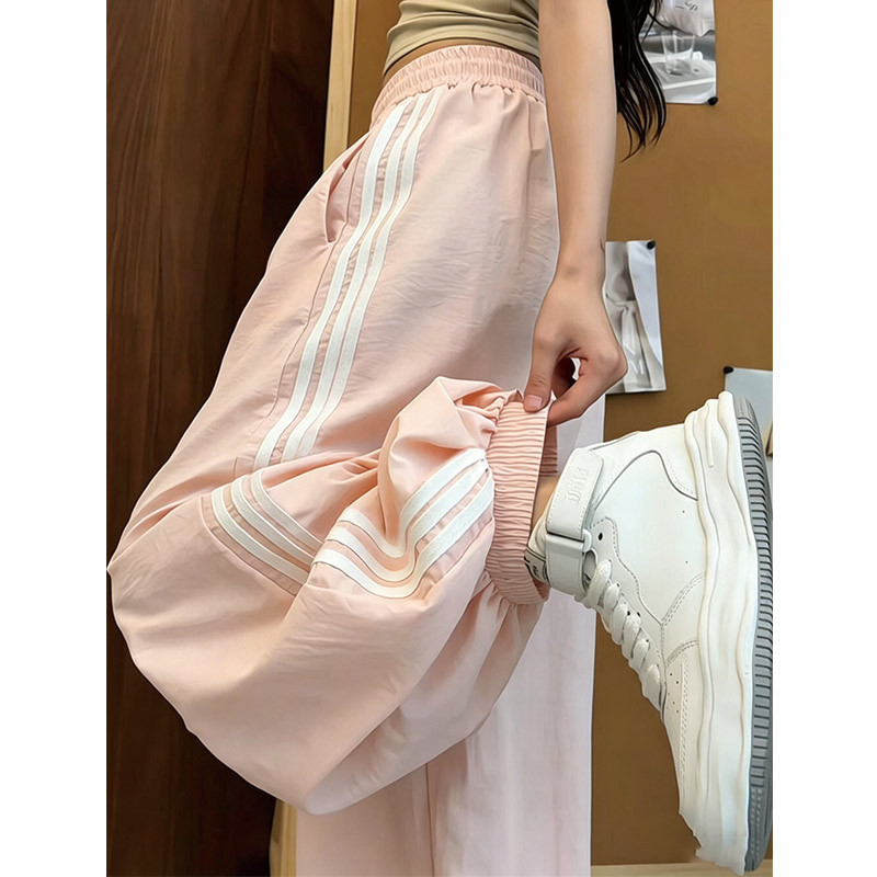 Yuqi's same style pink three-stripe jogger lantern pants for women, summer thin loose straight quick-dry wide-leg sports pants