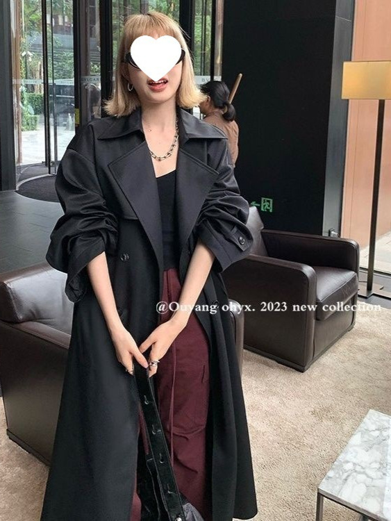 2025黑色风衣外套女时尚春秋新款宽松长款英伦风大衣长款加长版|undefined