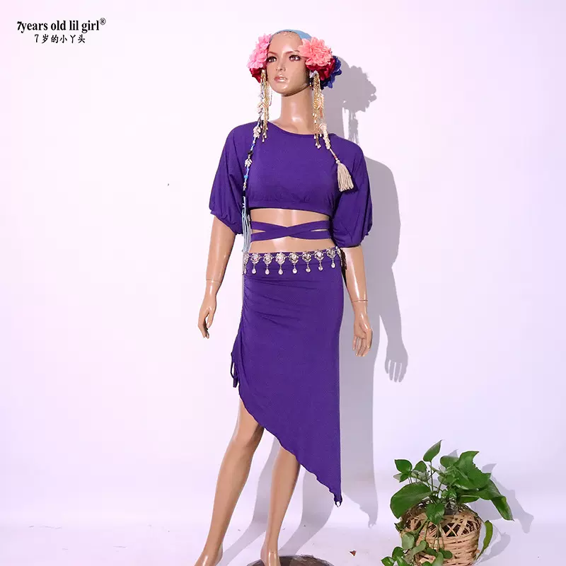 肚皮舞练功服套装新品莫代尔人棉绑带蝙蝠袖上衣抽皱包臀裙GOO55