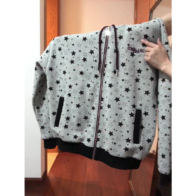 美式高级感星星满印灰色连帽卫衣女秋冬小众休闲宽松拉链开衫外套|undefined