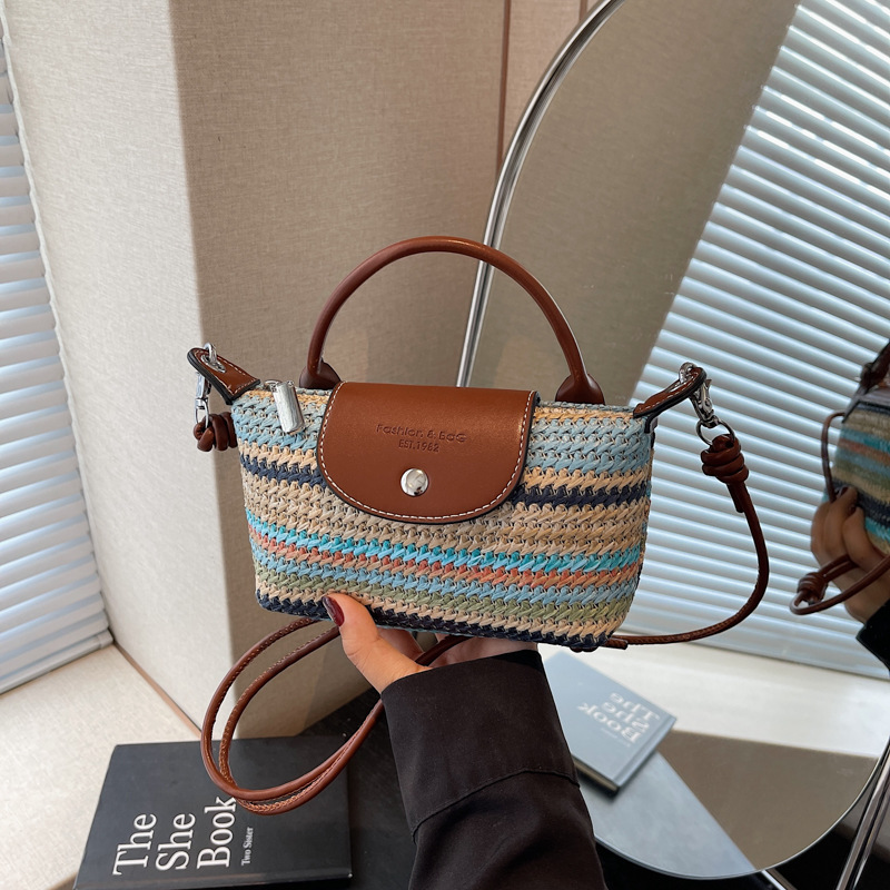 Elegante borsa intrecciata arcobaleno da donna, mini borsa estiva, piccola borsa a tracolla, tendenza transfrontaliera_voghion.com