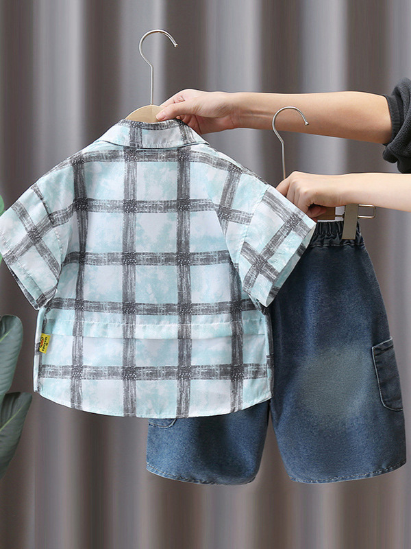 7314 Traje de verano para niños 2025 Nueva camisa a cuadros de manga corta Ropa de verano para niños guapos Traje de tres piezas de moda Verano