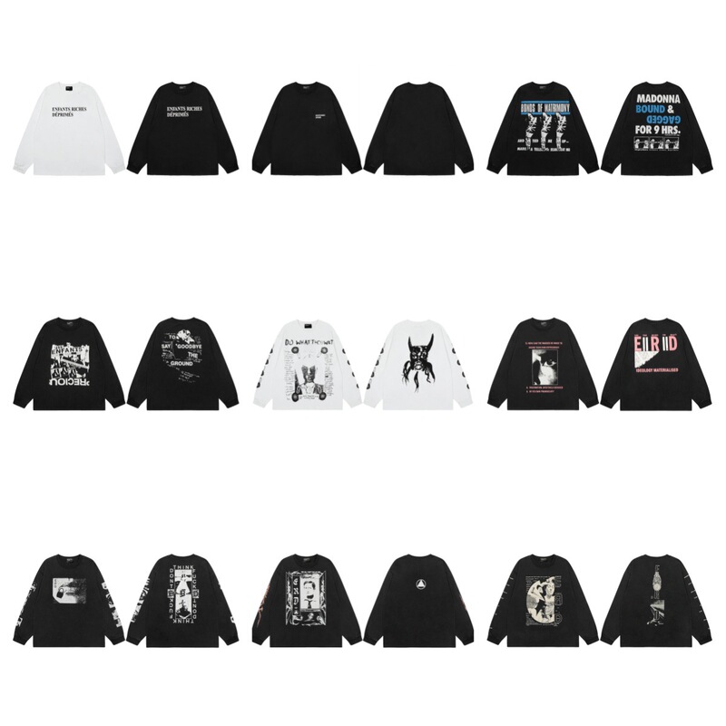 High-Quality Erd Melancholic Rich Second-Generation Retro Distressed Letter Portrait Print Outline Short Version Long-Sleeved T-Shirt Trendy