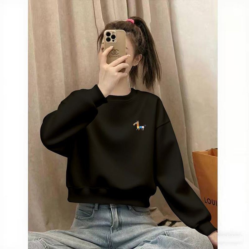 2025秋冬季新款白色短款加绒卫衣女装卡通印花套头小个子爆款上衣