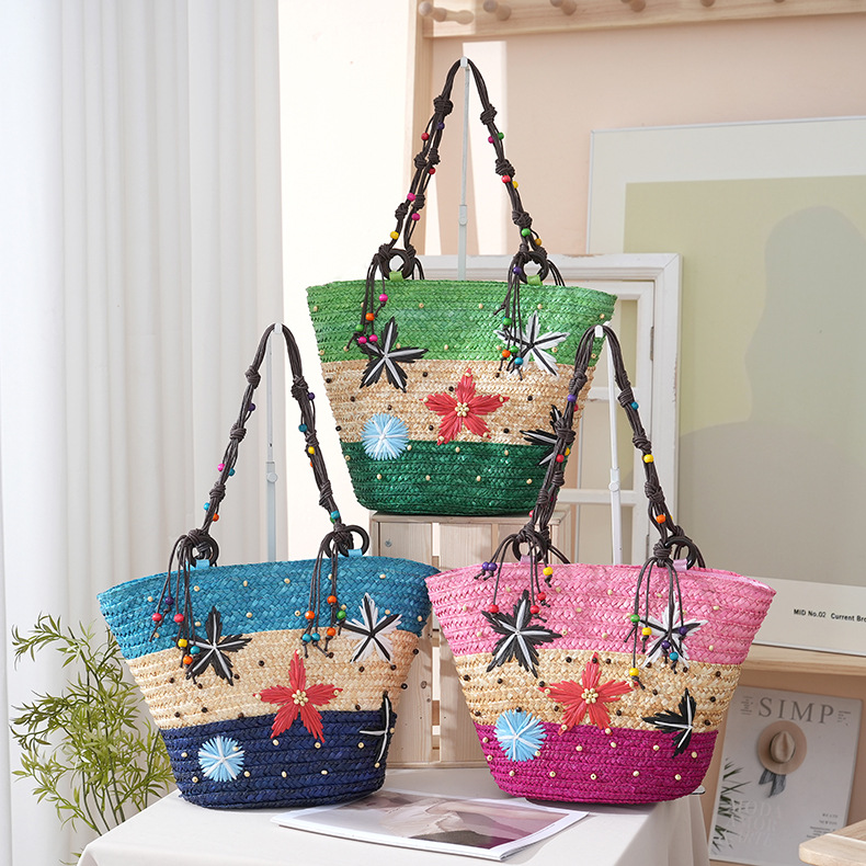 新款麦秆草手编刺绣三色满天星木珠单肩草编包编织包沙滩休闲女包