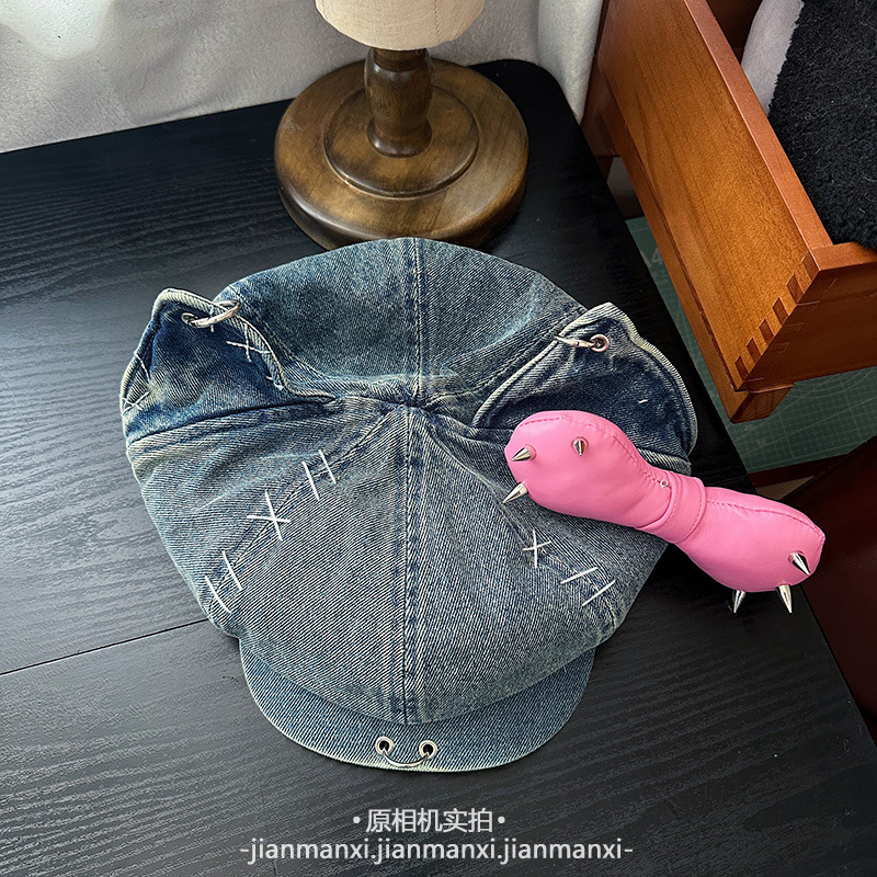 甜酷铆钉蝴蝶结八角帽女y2k亚文化猫耳朵贝雷帽暗黑辣妹画家帽子|undefined