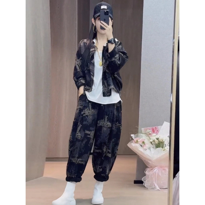 欧货时尚复古牛仔套装女秋新款大码宽松个性印花哈伦|undefined