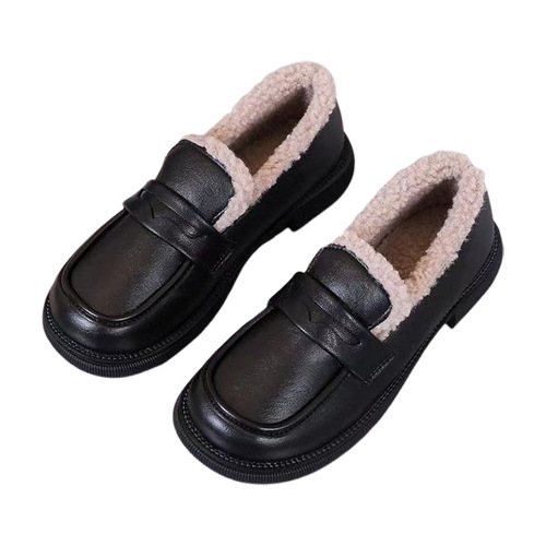 Fleece-lined warm women's leather shoes—autumn/winter new arrival, versatile chunky-soled loafers, slip-on loafers, cotton shoes.