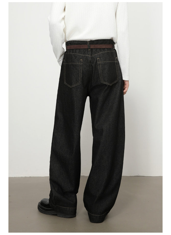 Quần jean nam denim đen dáng suông ống rộng kiểu banana lưng giữa, phong cách đường phố — Denim đen chi tiết 6