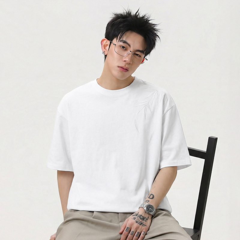 New Chinese-Style Color-Matched Bamboo Embroidery Short-Sleeve T-Shirt for Men, Summer Loose Casual Versatile National Style Half-Sleeve Tee Shirt