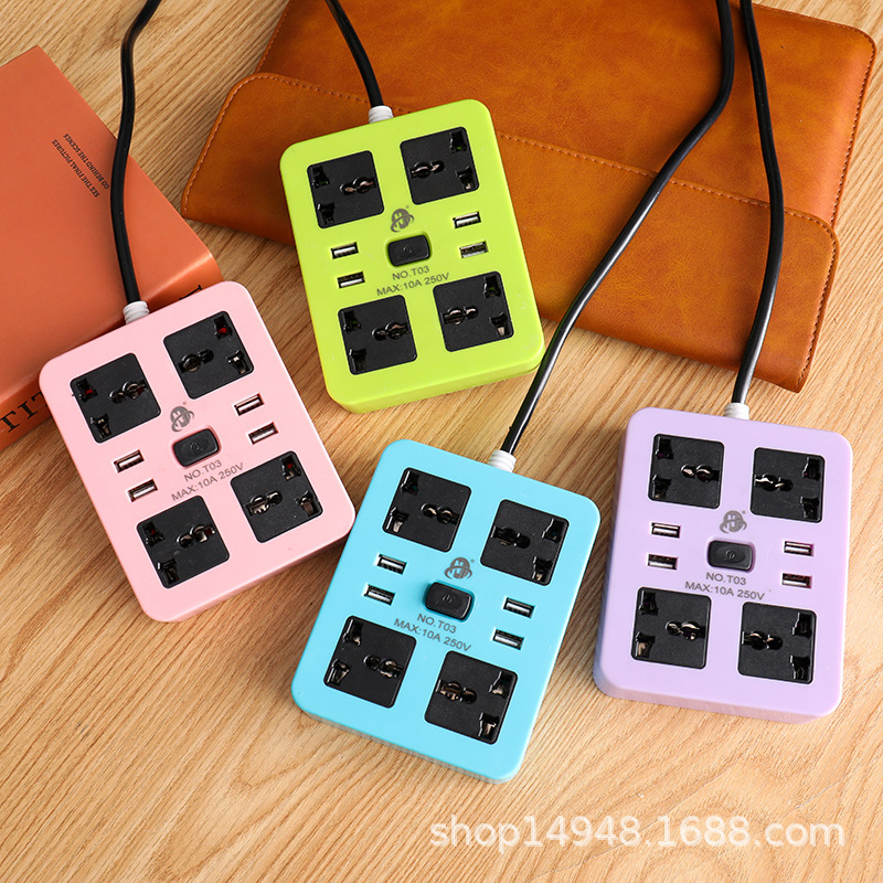外贸插座T03#USB 黑孔 4位USB拖线板 2000W 创意桌面插座工厂直营