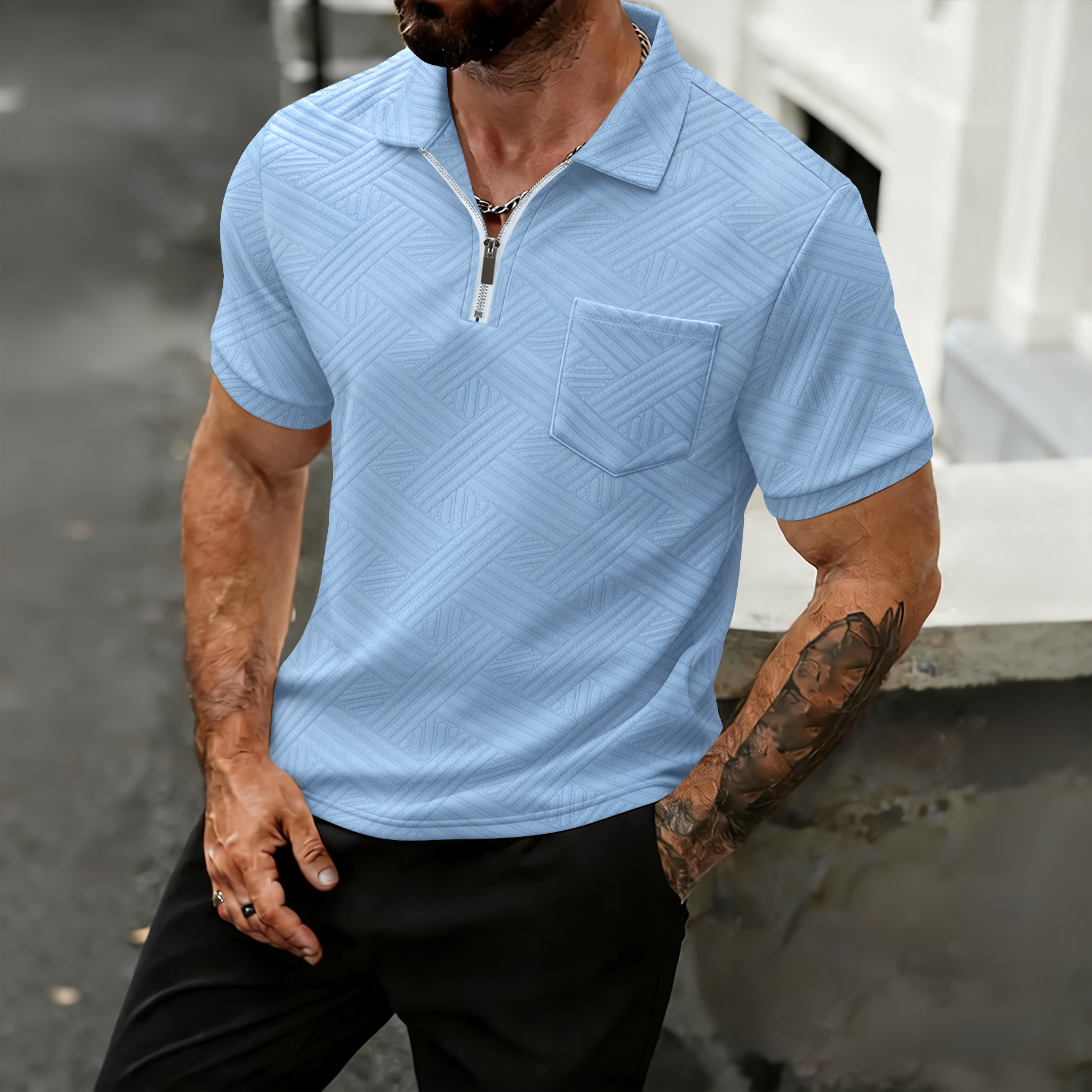 Polo da uomo in stile americano, vestibilità comoda e casual, con colletto rovesciato, tasche con cerniera, maglietta in jacquard traspirante, primavera autunno estate_voghion.com