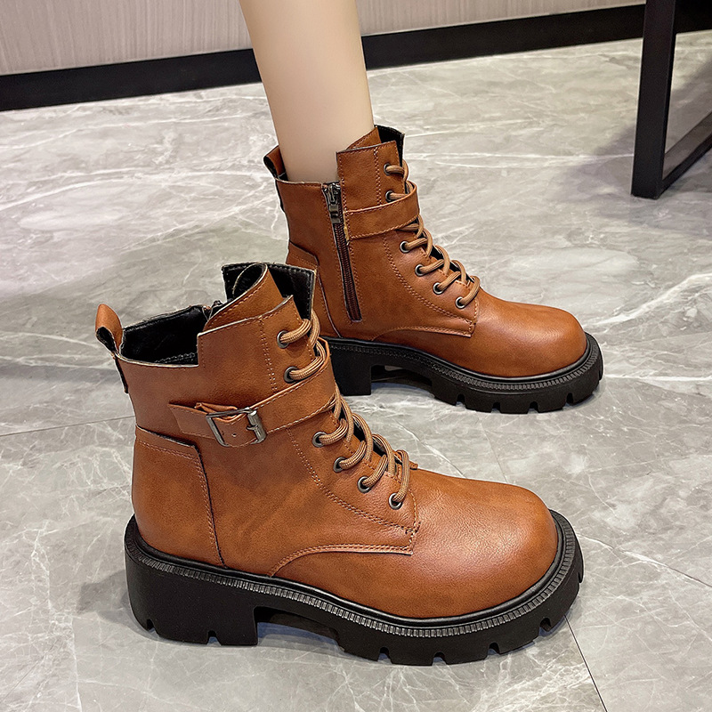 Boots for Women 2023 New Autumn and Winter British Style Motorcycle Boots Thick-Soled Belt Buckle Retro Short Boots Large Size Boots