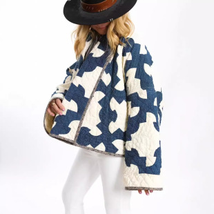 2184 European and American Cross-border Women's 2024 Autumn and Winter New Fashion All-match Buckle-free Printed Kimono Cotton-padded Clothes