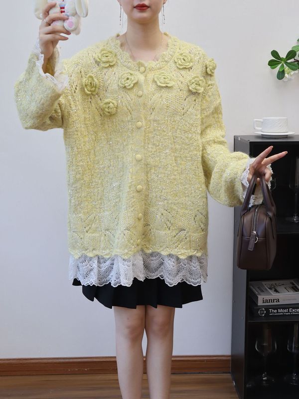 立体花朵拼接网纱设计感针织开衫2025秋冬新款宽松甜美毛衣外套女|undefined