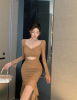 Long sleeved hollow slim fit irregular dress