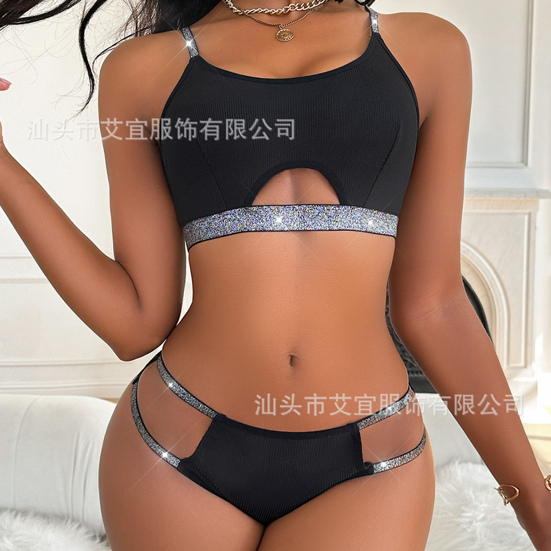 European and American Cross-Border Sexy Women's Hollow-Out Strapless Vest Lingerie Silver Belt Breathable Comfortable Underwear Bra Set