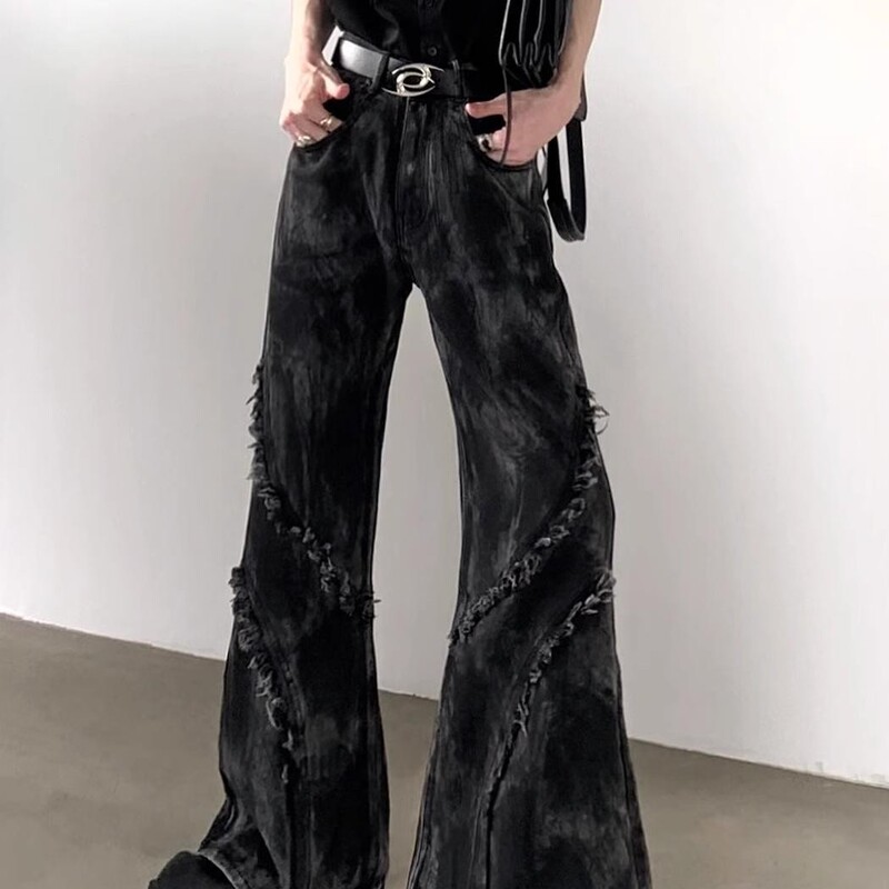 Dark American Trendy Brand Vibe Micro-Flared Men's and Women's Niche Raw Edge Tassel Design Jeans with High-End Feel