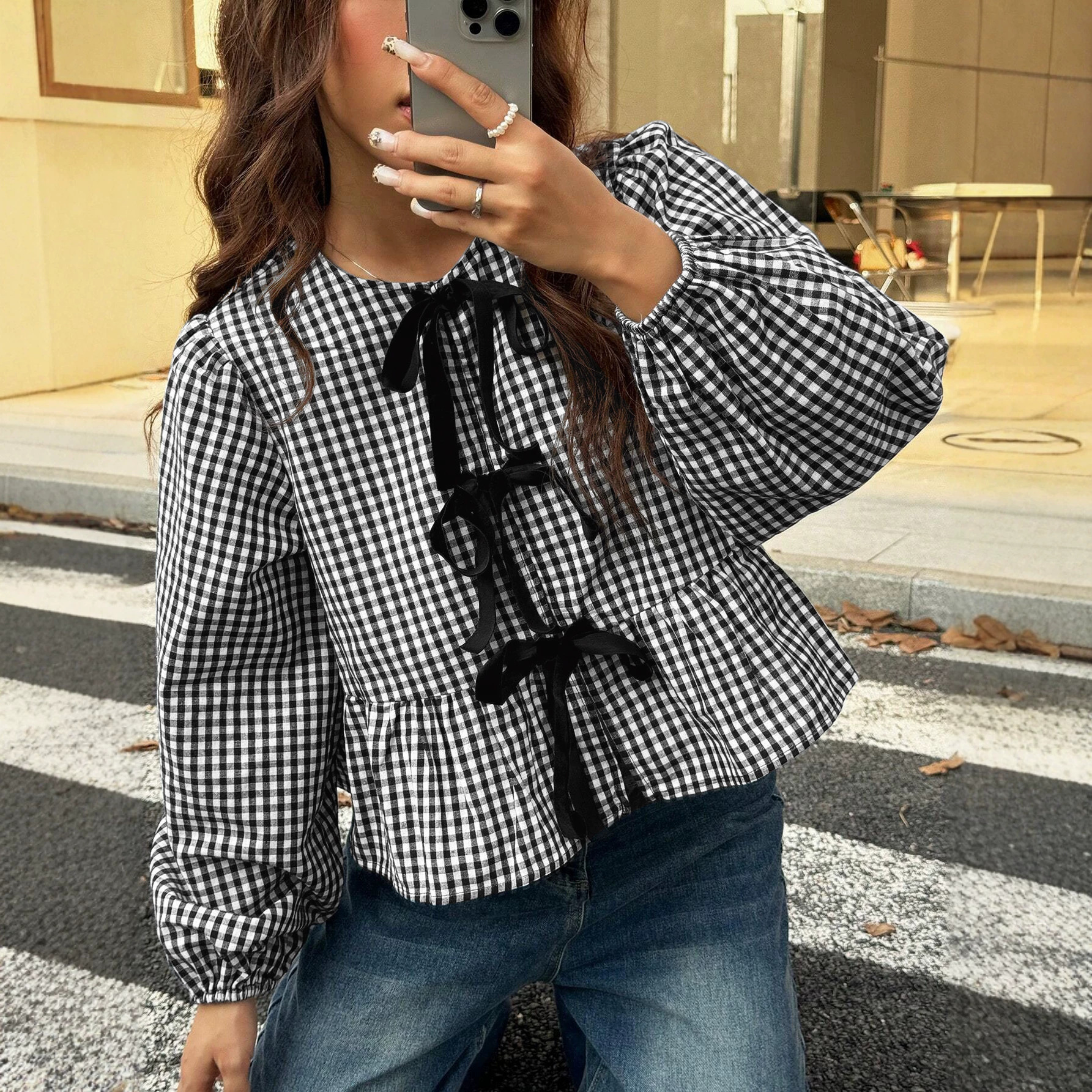 欧美跨境春秋夏季女装格子休闲上衣优雅蝴蝶结系带宽松泡泡长袖 女装厂家批发实拍图