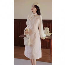 新中式国风假两件立领连衣裙女年轻款倒大袖少女粉色刺绣旗袍长裙