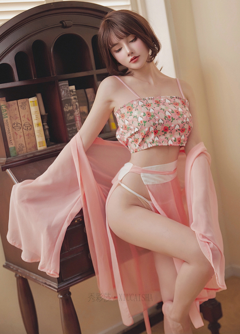 Han Dynasty Floral Bellyband Costume Set with Chiffon Robe, Slip Dress and Briefs, Plus Size — detail image 10