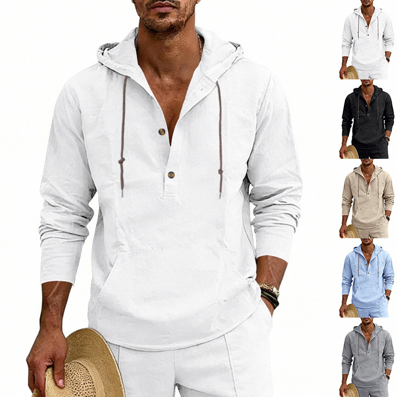 2026 Cross-Border American-Style Spring and Autumn Linen Breathable Casual Men's Vacation Commuting Long-Sleeve Hooded Drawstring Henley Shirt