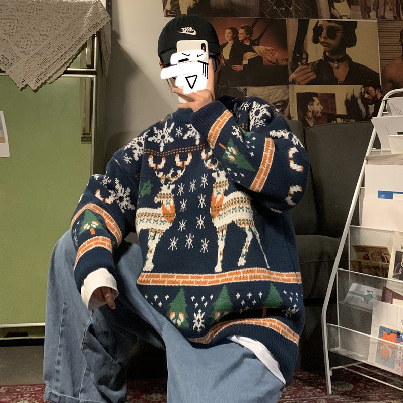 트렌디 한 크리스마스 니트 스웨터 새로운 도착 스웨터 남자 겨울 홍콩 스타일 느슨한 게으른 풀오버 스웨터 코트