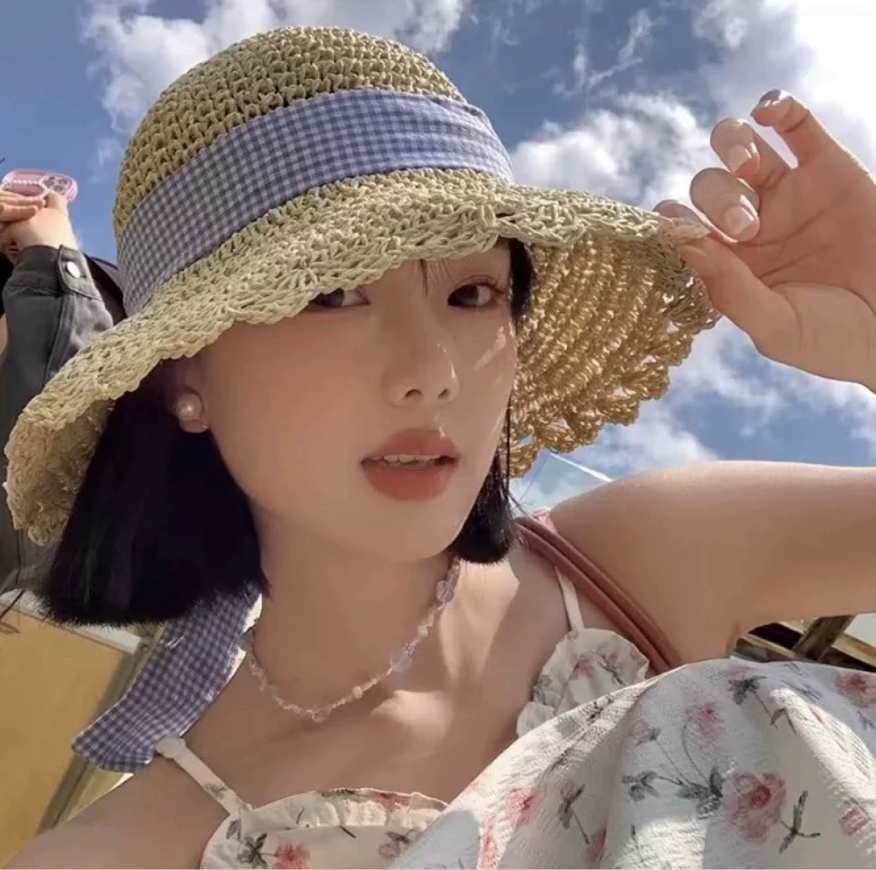 Straw summer beach hat with bow solar-powered, sun protection, beach style
