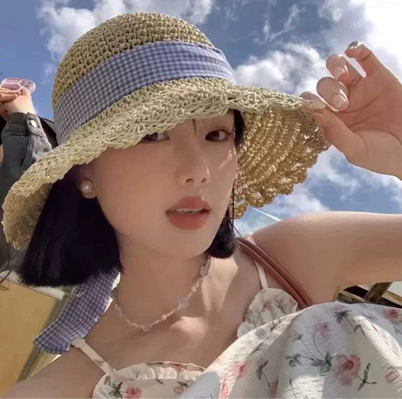 Straw summer beach hat with bow solar-powered, sun protection, beach style