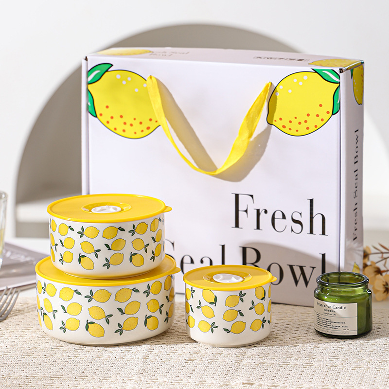 小清新陶瓷带盖面碗家用汤碗套装微波炉便当盒年会福利节日礼品