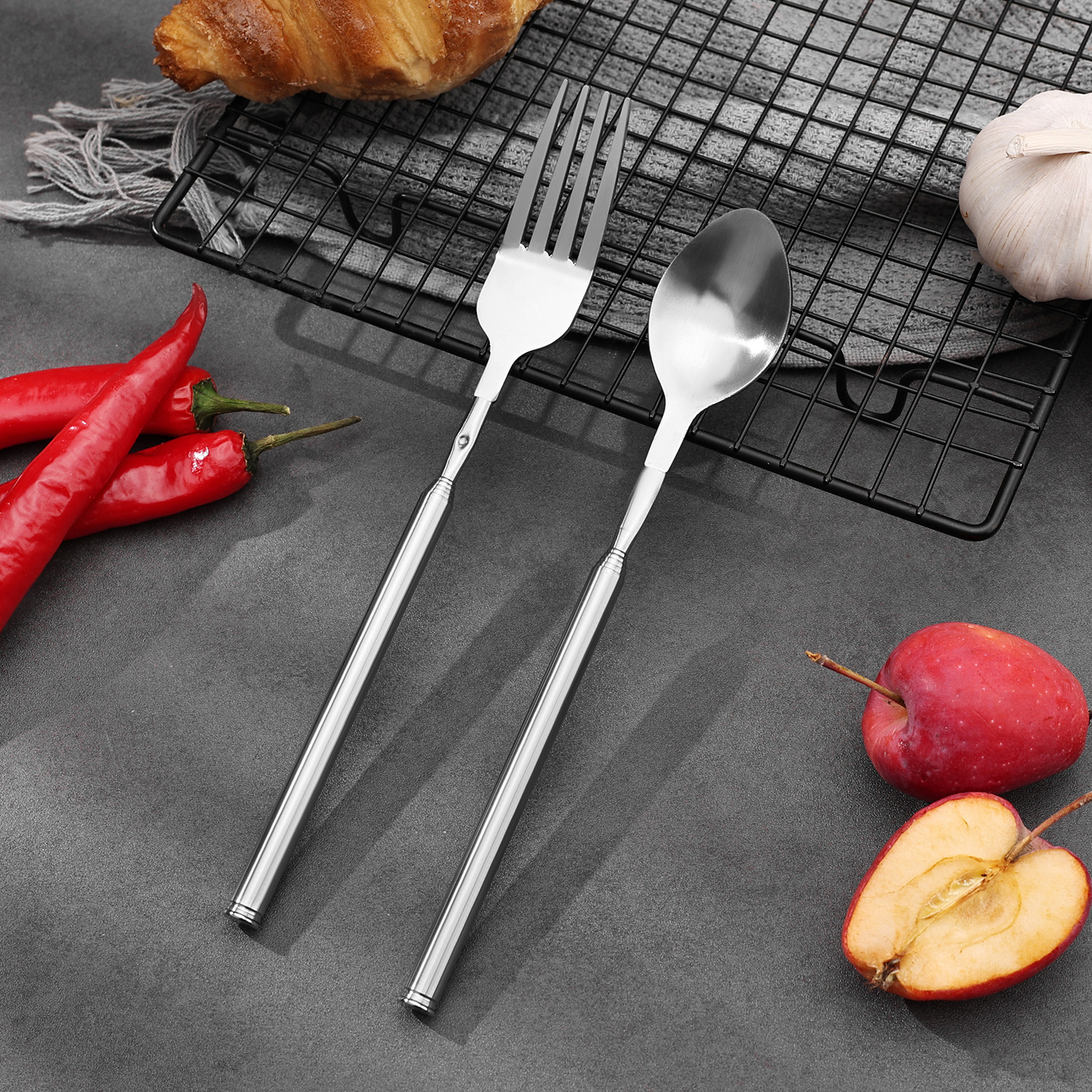 Teleskopisk camping ske og gaffel i rustfrit stål_voghion.com